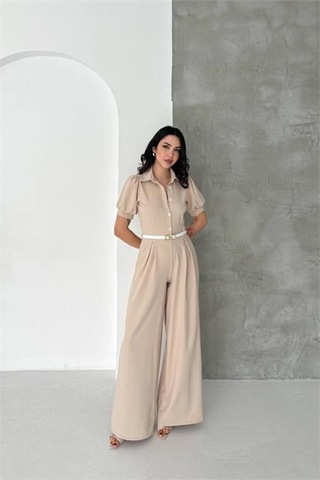 Neşeli Butik Kadın Bej Gömlek Yaka Kemerli Geniş Paça Tulum Nbk4197
