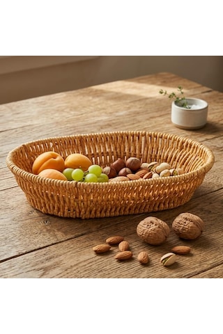 El Yapımı Doğal Hasır Sepet - Oval Ekmeklik Ve Çok Amaçlı Düzenleyici 25,50x18x6 Cm Çok Renkli