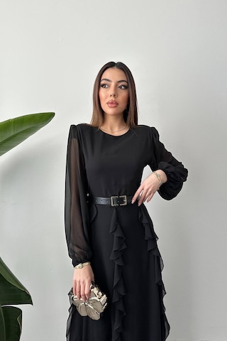 Duygudan Siyah Kemerli Şifon Elbise - Siyah