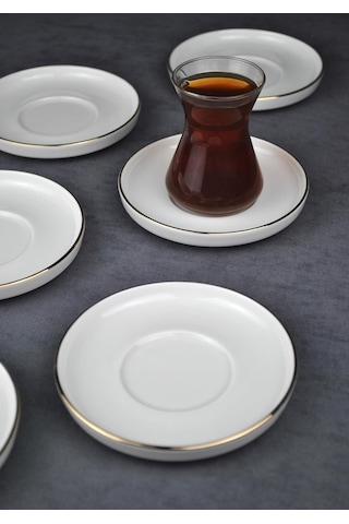 6 Kişilik Porselen Çay Tabağı Gold Yaldızlı 6 Adet Sade Modern Çay Tabak -çizgili Beyaz Yaldızlı