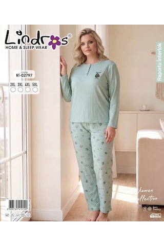 Boyraz Lindros Kadın Düğme Yaka Raporlu İnterlok Kışlık Battal Pijama Takımı 02797 - 1 Adet Yeşil