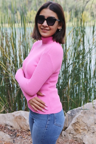 İpli Pembe Renk Balıkçı Yaka Parmak Detaylı Kadın Kazak Pembe