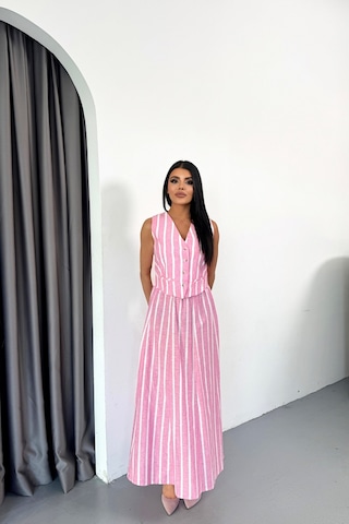 The İstanbul Keten Çizgili Yelek - Uzun Etek Takım - Pembe Pembe