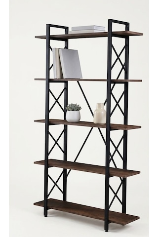 Modern 5 Raflı Metal Kitaplık - 180 Cm Ceviz Raflı Dekoratif Çelik Gövdeli Kitaplık Siyah