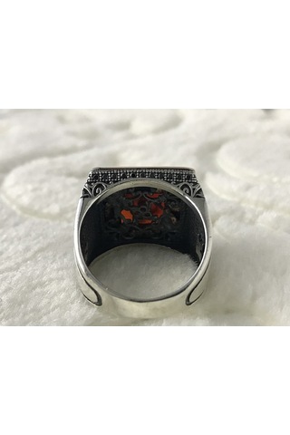 Akik Taşlı Elif Vav Işlemeli 925 Ayar Gümüş Erkek Yüzük