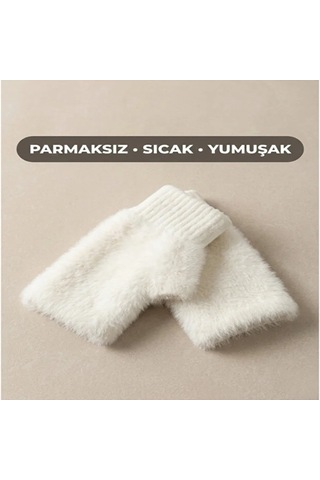 Solezon Kadın Peluş Eldiven Parmaksız Termal Sıcak, Yumuşak Ve Şık Kışlık Eldiven 1 Çift Beyaz