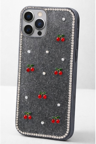 Apple Uyumlu iPhone 13 Pro Kiraz Figürlü Simli İnci Taşlı Lüx Silikon Kılıf Siyah