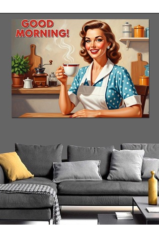 Retro Ev İşi Yapan Kadın Dekoratif Kanvas - Mdf Ahşap Tablo