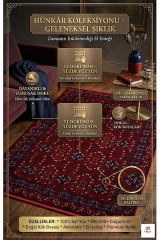 Premium Akrilik Bambu Halı Kırmızı Geleneksel Desenli Salon Halısı 8mm Dokuma Taban Yumuşak Bordo