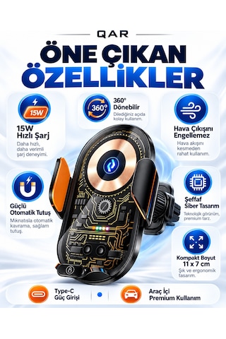 C13 Kablosuz Şarjlı Araç Telefon Tutucu Otomatik Açılıp Kapanan Kollu 360 Dönebilen Şeffaf Tasarım Metal Gövdeli Araç İçi Telefon Tutacağı