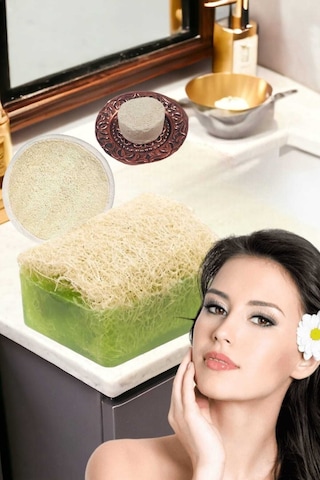3'lü Set Kabak Lifli Okado Sabun Peeling Temizleme Taşı Kabak Yüz Kesesi