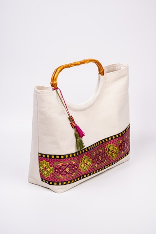 Fabric Craft Bag El Çantası Kanvas Etnik Dokuma Bordürlü Beyaz