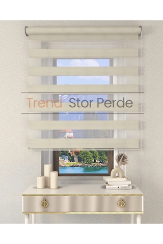 Geniş Plise Krem Etek Dilimsiz Zebra Stor Güneşlik Perde Krem