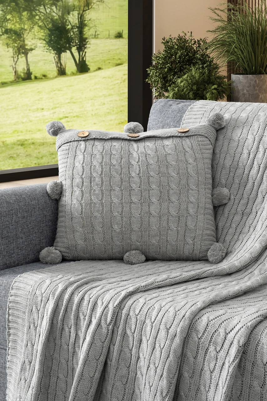 2'li Takım Ponponlu Triko Örme Kırlent Kılıfı & Tv Battaniyesi- Omuz & Koltuk Şalı Seti Acıkgrı Açık Gri