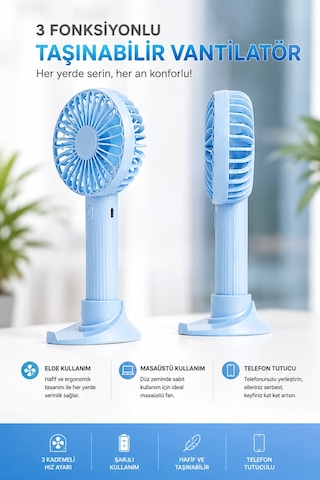 3 Fonksiyonlu Telefon Tutuculu Taşınabilir El Ve Masaüstü Vantilatör Şarjlı 3 Kademeli Mini Fan Usb