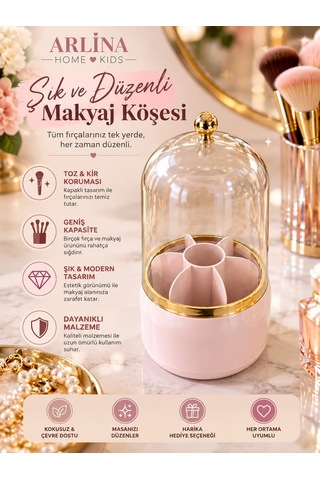 7 Bölmeli Kapaklı Pembe Makyaj Fırçası Ve Kozmetik Organizeri