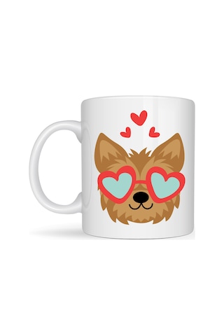 Sevimli Yorkshire Terrier Tasarımlı Porselen Kupa Model 49 Kalpli Gözlüklü Köpek Desenli, Hediye Kupası Diğer