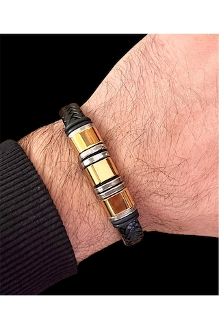 Gold&siyah Deri Ve Çelik Mixli Trend Erkek Bileklik 21 Cm Siyah - Altın