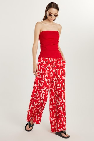 Tudors Kadın Regular Fit Beli Bağcıklı Geniş Paça Baskılı Pantolon-33653 Kırmızı - Beyaz