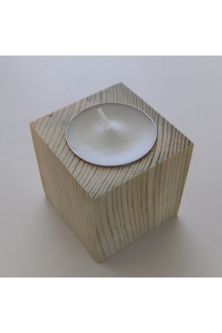 Doğal Ahşap Küp Mumluk 5 X 5 Cm Tekli Mum Dahil