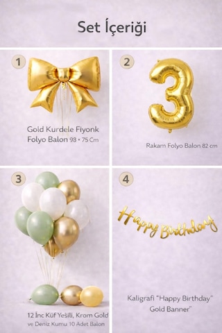 Gold Fiyonk 3 Yaş Doğum Günü Balon Seti Gold