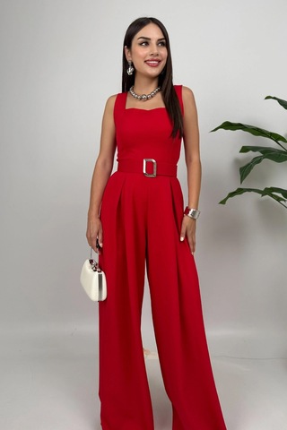 Noir Flow Kadın Kırmızı Kemerli Askılı Bol Paça Tulum Zarif Şıklık Kırmızı