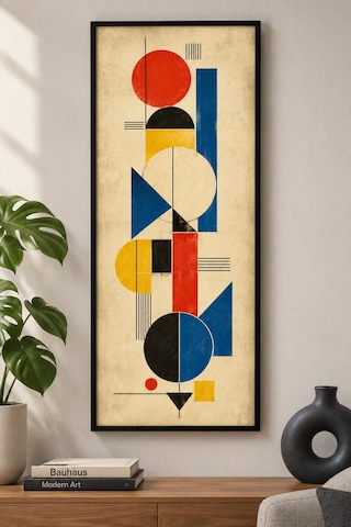 Bauhaus Geometrik Soyut Ahşap Tablo - Modernist Tasarım Siyah Çerçeveli 25x60 Cm