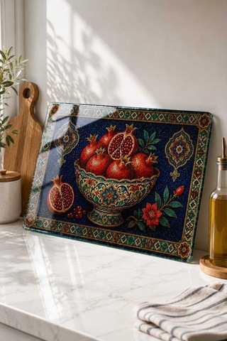 Gökçeoğlu Cam Kesme Tahtası Otantik Nar Motifi Temalı - Cam Kesme Tablası 30cm X 40cm Çok Renkli