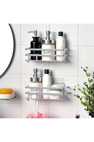 Banyo Düzenleyici Yapışkanlı Metal Banyo Rafı İkili Duş Rafı Organizer Şampuanlık Krom-gnrl281 Krom
