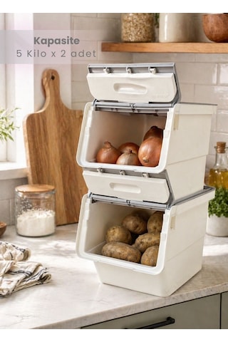 2 Li Gri Tekerlekli Sebzelik Patates Soğan Sepeti Modern Organizer Patateslik Basic Soğanlık 24 L Gri-beyaz