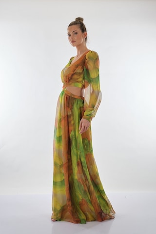 Explosion V Yaka Uzun Kol Maxi Şifon Elbise - Bohemian Stil Fıstık Yeşili