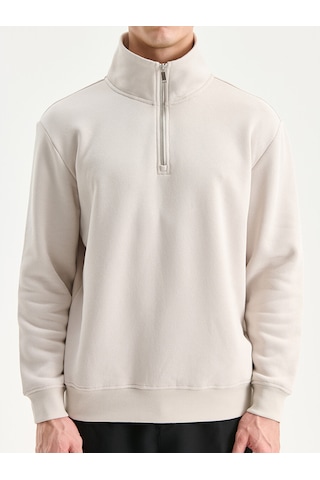 Lcw Vision Bej Fermuarlı Dik Yaka Erkek Kalın Sweatshirt
