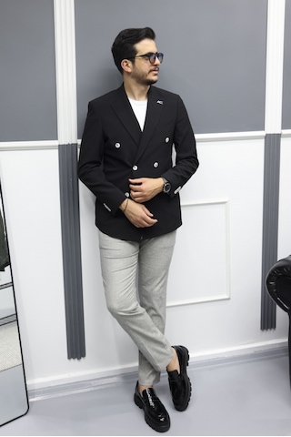 Avni Ceylan Verde Dokulu Gofre Kumaş İtalyan Stil Slim Fit Kruvaze Erkek Ceket Siyah
