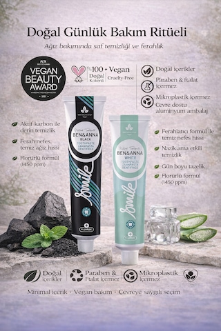 Ben & Anna Aktif Karbon + White Fresh Diş Macunu 2 Li Set Vegan, Doğal, 75 Ml Diş Minesi Bakımı