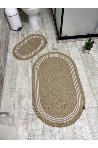 Jüt Hasır 2li Banyo Paspas Takımı-bej Ortası Aralıklı Beyaz Bej