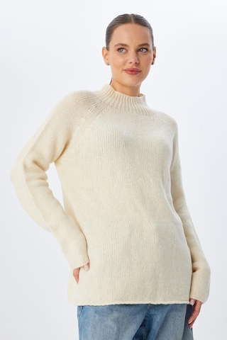 Mixray 6849 Kadın Dikişsiz Dik Yaka Triko Kazak Naturel