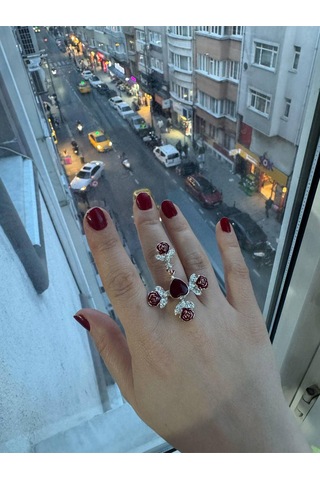 Gotik Kırmızı Gül Detaylı Haç Şeklinde Kalp Ayarlanabilir Gothic Kadın Yüzük Gümüş - Gri