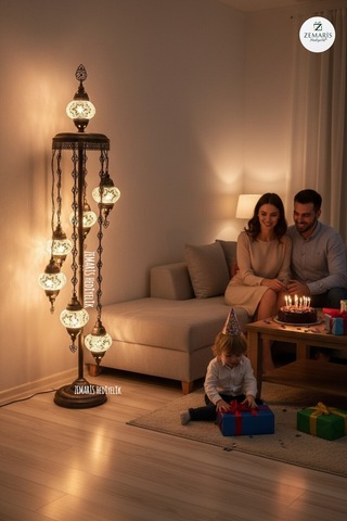 El Yapımı Otantik Mozaik Lambader 7 Li 6+1 Camlı Beyaz - 857622442 Diğer