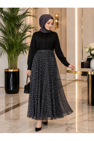 Esra Butik78 Siyah & Kahverengi Puantiyeli Astarlı Şifon Etek Kendi Kumaşından Kuşaklı, 95 Cm