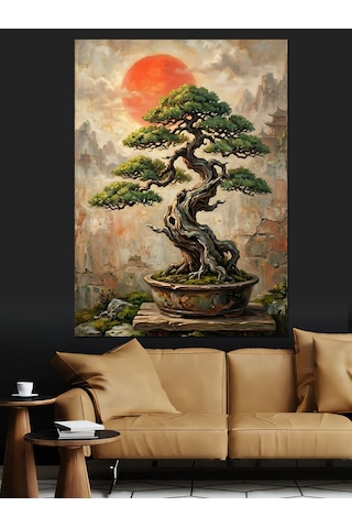 Saksıda Budanmış Küçük Bonsai Ağacı Dekoratif Kanvas - Mdf Ahşap Tablo