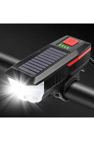 Güneş Enerjili Usb Şarjlı Bisiklet Lambası Solar Fener Ön Far Işık Aydınlatma Kornalı Kırmızı