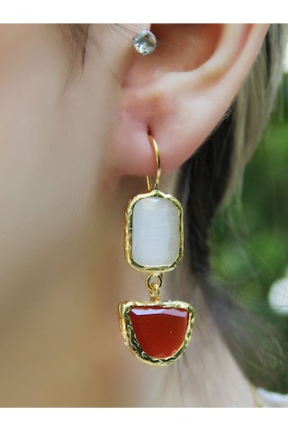 İkili Model Kedigözü Cam Sallantılı Kadın Küpe Euku26k Kırmızı