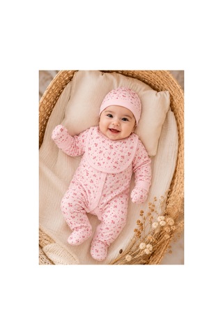 Omeca Concept 5'li Bebek Giyim Seti Kiraz Desenli Pembe Tulum, Body, Şapka, Önlük Ve Eldiven