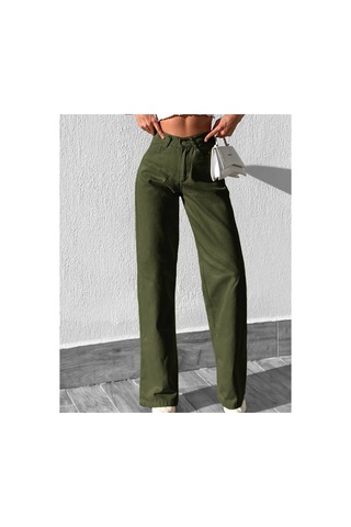 Kene Jeans Yüksek Bel Haki Keten Bol Paça Tam Kalıp Pantolon Haki
