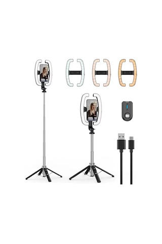 Exenar - Siyah - Monopod Tripod Led Işık Selfie Kumandalı Tripod 138cm Canlı Yayın Telefon Tutcusu
