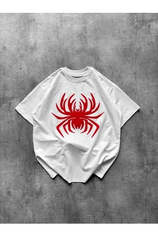 Defymoda Örümcek Baskılı Tişört Kısa Kollu Bisiklet Yaka T-shirt - Beyaz
