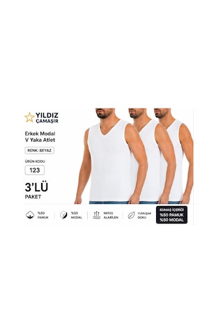 Yıldız Çamaşır Erkek Yazlık Süper İnce V Yaka Sıfır Kol Modal Fanila Atlet 123-124 - 3 Adet Beyaz