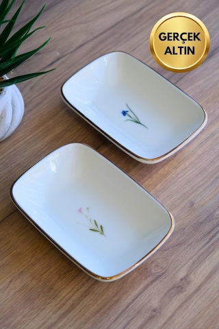 Tabak Evi Porselen Natura Karma Altın Yaldızlı Dikdörtgen Kayık Tabak 14x9,8cm 2 Parça Çok Renkli