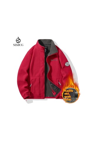 Polar Astarlı, Kalınlaştırılmış Polar Astarlı, Sıcak Büyük Beden Erkek Ceketi Kırmızı