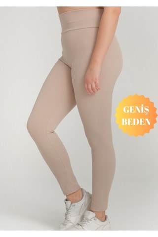 Banega Curve Büyük Beden Fitilli Yüksek Bel Toparlayıcı Krem Tayt Krem